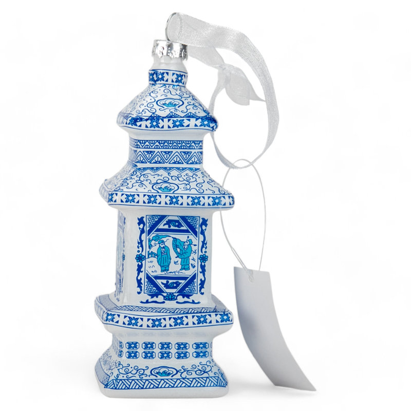 Asian Pagoda Blue and White Glass Ornament