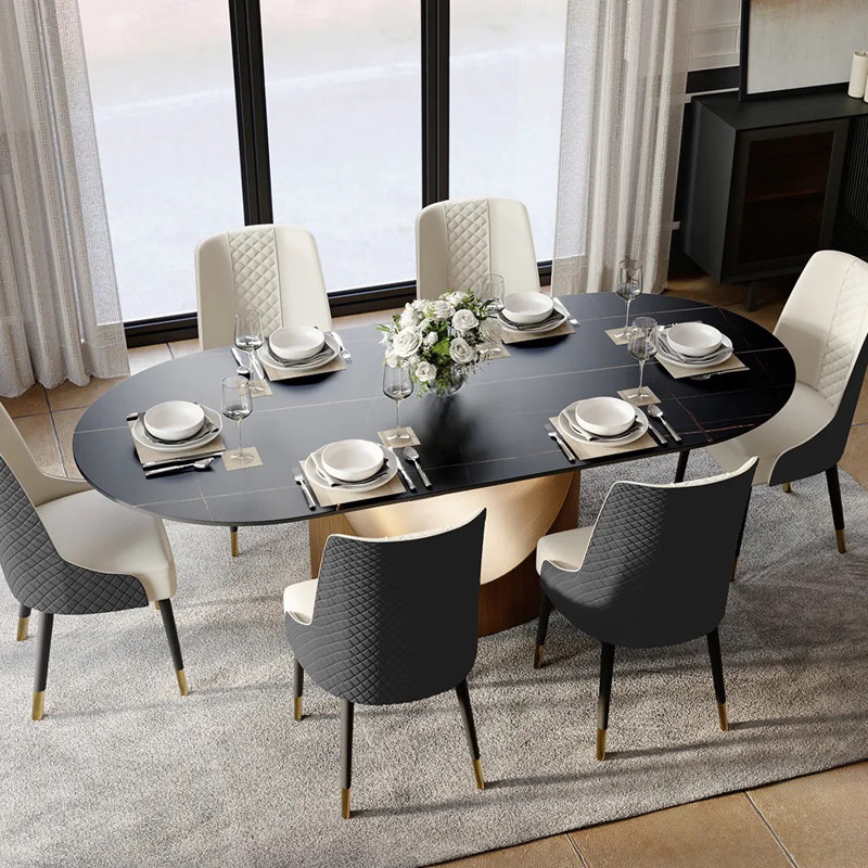 Table de salle à manger moderne minimaliste ovale avec plateau de table en pierre frittée, Noir mat