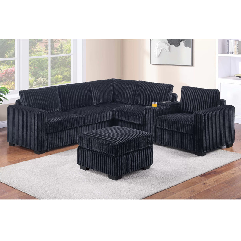 Fur-like Jumbo Corduroy Sectional Set With Ottoman, Black Corduroy