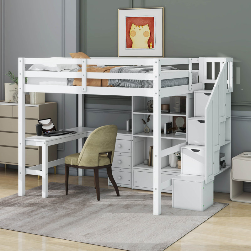 Lit mezzanine avec bureau en L et tiroirs, armoire et escalier de rangement, Blanc