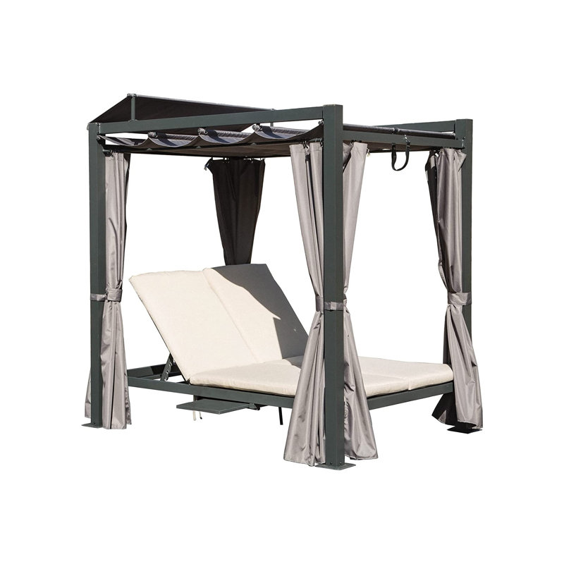 Lit de jour pour terrasse avec auvent rétractable, méridienne double avec rideaux d'intimité et porte-gobelet, structure en aluminium pour le jardin, la piscine et la cour