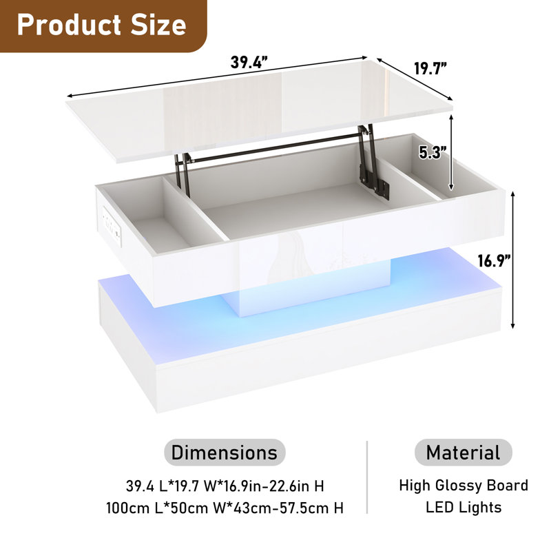 Table basse à plateau relevable de 39,4 po avec lumières DEL RVB APP, station de charge USB et CA, table de rangement réglable en hauteur ultrabrillante