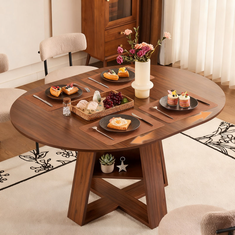 Table de salle à manger extensible ronde pour 4 à 8 personnes, base en bois avec tablette de rangement, noyer, Brun