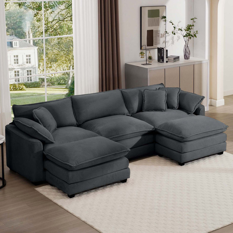 Ensemble de canapé surdimensionné à coussin modulaire, repose-pieds portatif, ensemble de canapé d'angle à dossier bas en L à assise profonde et canapé-lit en velours côtelé
