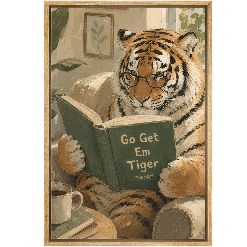 Drôle de tigre lisant un livre de motifs sur toile, 36" H x 24" W x 1.5" D, Naturel
