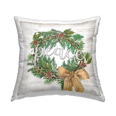 Holiday Botanical Wreath Bow Peace Typography Printed Throw Pillow Design By Jennifer Pugh