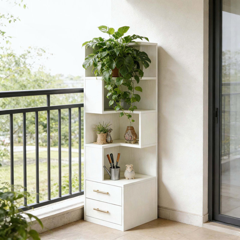 5-Tier Corner Bookshelf with Drawers and Semi-Open Design