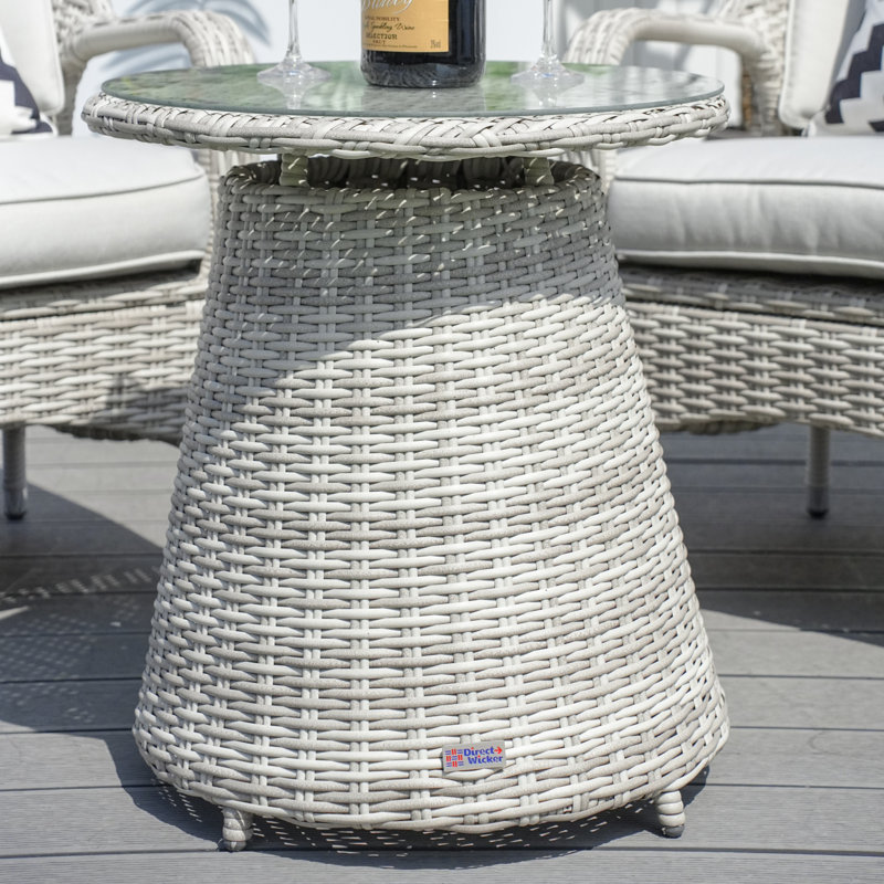 Round Aluminum Wicker Side Table With Glass Top â€“ (21.65" Diameter X 23.62" H), White