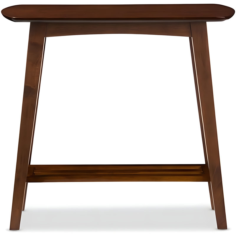 Mid-Century Modern Scandinavian Style Console Table With Slatted Shelf, Solid Rubber Wood And MDF Veneer, Dark Walnut Finish