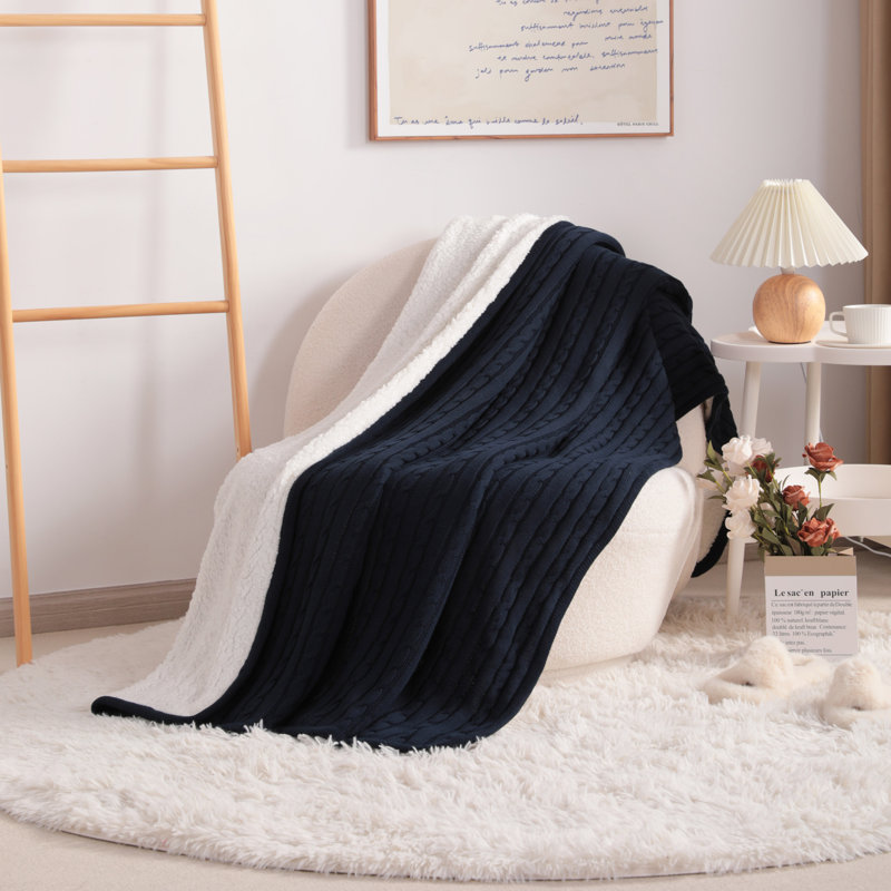 Navy Blue Cotton Cable Knit Sherpa Throw Blanket 51" x 67"