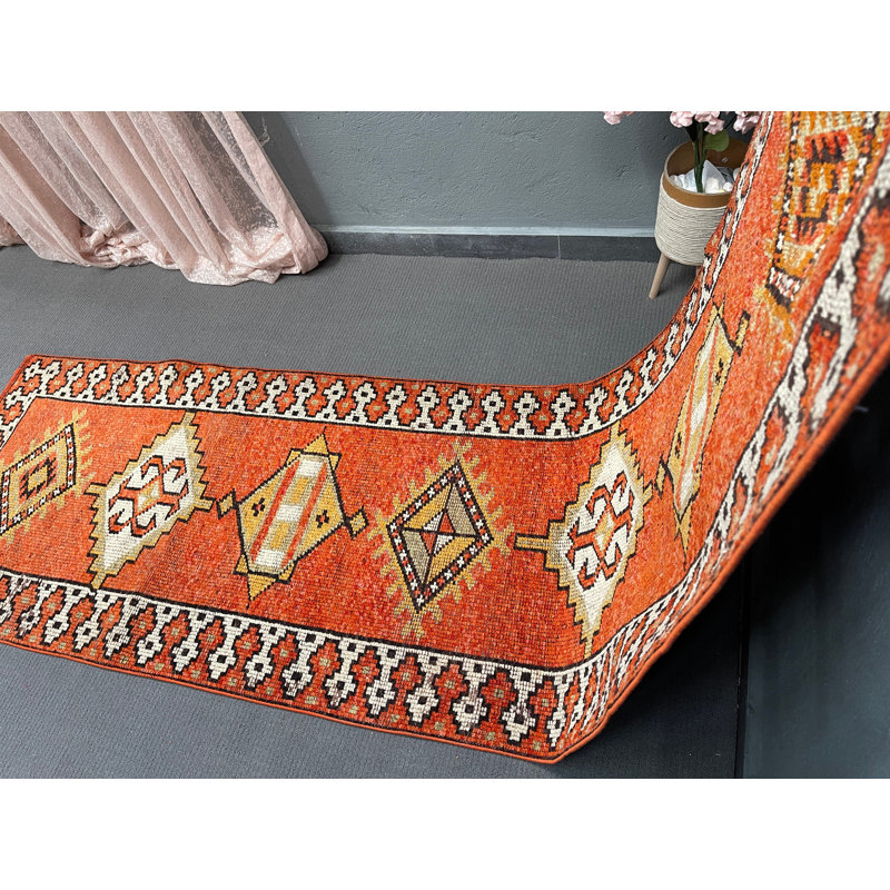 Tapis de couloir en laine à motif géométrique orange 35,8 x 147,6 pouces