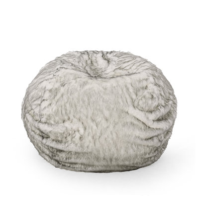  White and Gray 5 Foot Rounded Short Faux Fur Bean Bag, Soft and Plush Lounger for Children and Adults