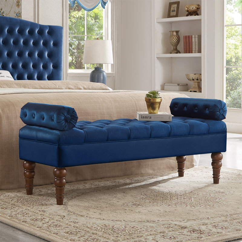 Velvet Long Bed Bench With Tufted Button,Entryway Bench,Bolster Bench, Navy
