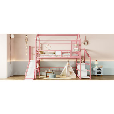 Lit double mezzanine rose avec glissade, structure, bruit et tablettes de rangement pour les escaliers en métal améliorant la chambre à coucher