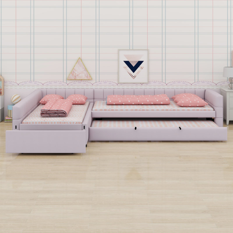 L-Shaped Upholstered Daybed with Trundle Bed & Storage Drawer, Pink