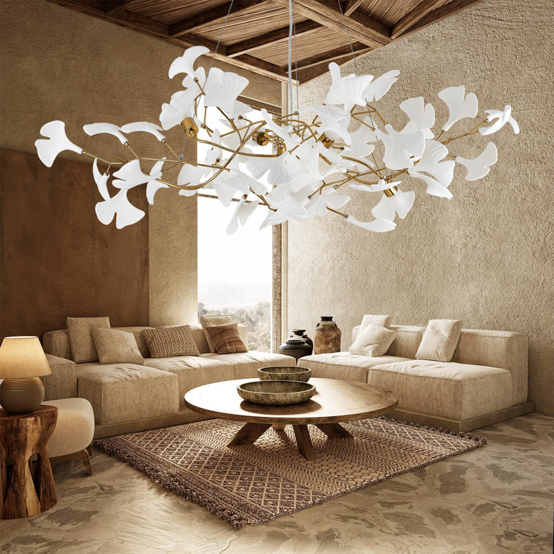 Grands lustres en céramique à feuilles de ginkgo avec structure en forme de branche en laiton pour la salle à manger