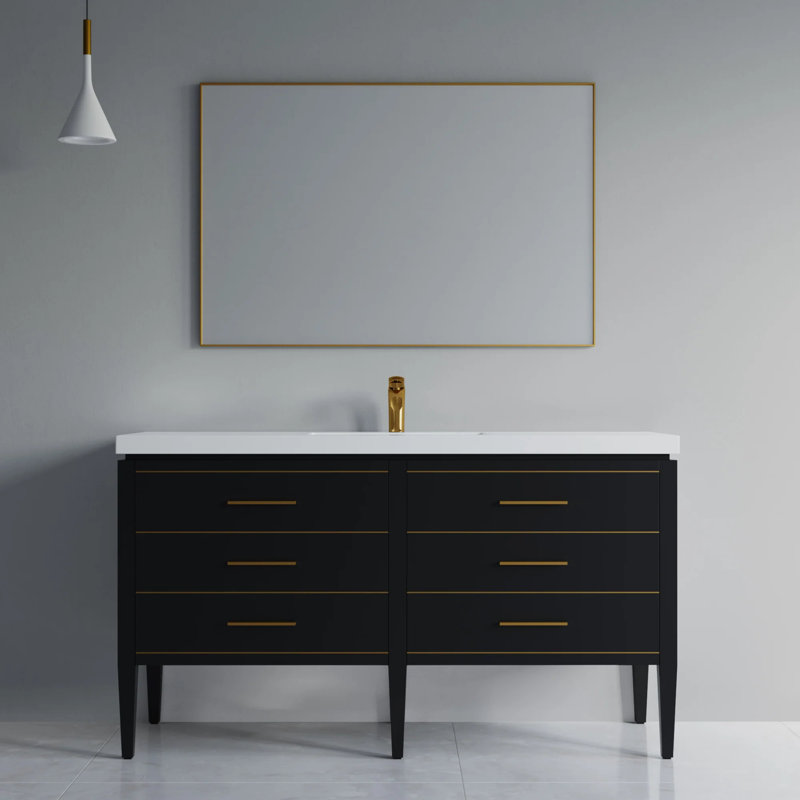Meuble-lavabo double 61 po avec plateau en résine Alonsa, Simple, Bleu / laiton