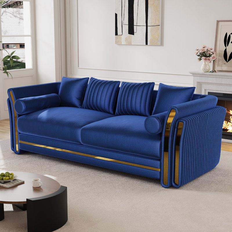 Canapé moderne 87 po à 3 places avec accoudoirs ornés d'une double couche, Bleu, H 33 po x l 86,7 po x P 35 po