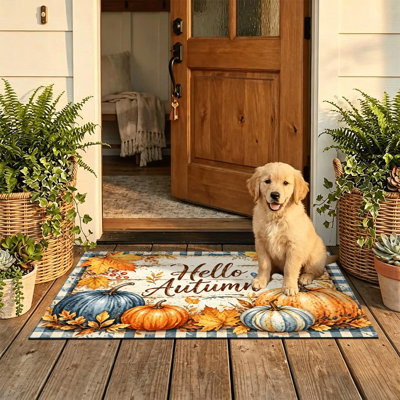 Tapis de porte antidérapant intérieur/extérieur, 51 x 81 cm, motif à carreaux bleus automne