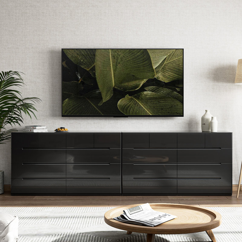 55" W High Gloss 10 Drawer Dresser, Modern Wide Storage Chest with Deep Drawers & Rounded Side Panels, Black, Black