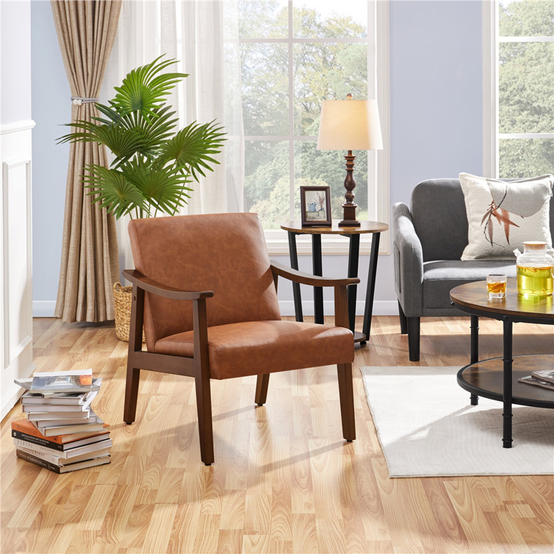 62cm Wide Faux Leather Mid-Century Modern Armchair, Upholstered Accent Chair with Solid Wood Legs, Brown, Espresso Wood