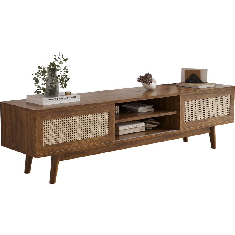 Mid Century Modern Tv Stand With Sliding Doors, Black Walnut, 65"
