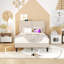  Ensemble de 2 lits simples avec base de charge, tête de lit tapissier, 2 ports USB, lit plateforme avec lattes de bois, sans sommier, beige-414407335