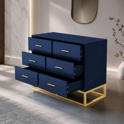 Commode moderne à 6 tiroirs avec pieds en métal, grande commode de rangement pour chambre à coucher, armoire contemporaine en bois avec poignées