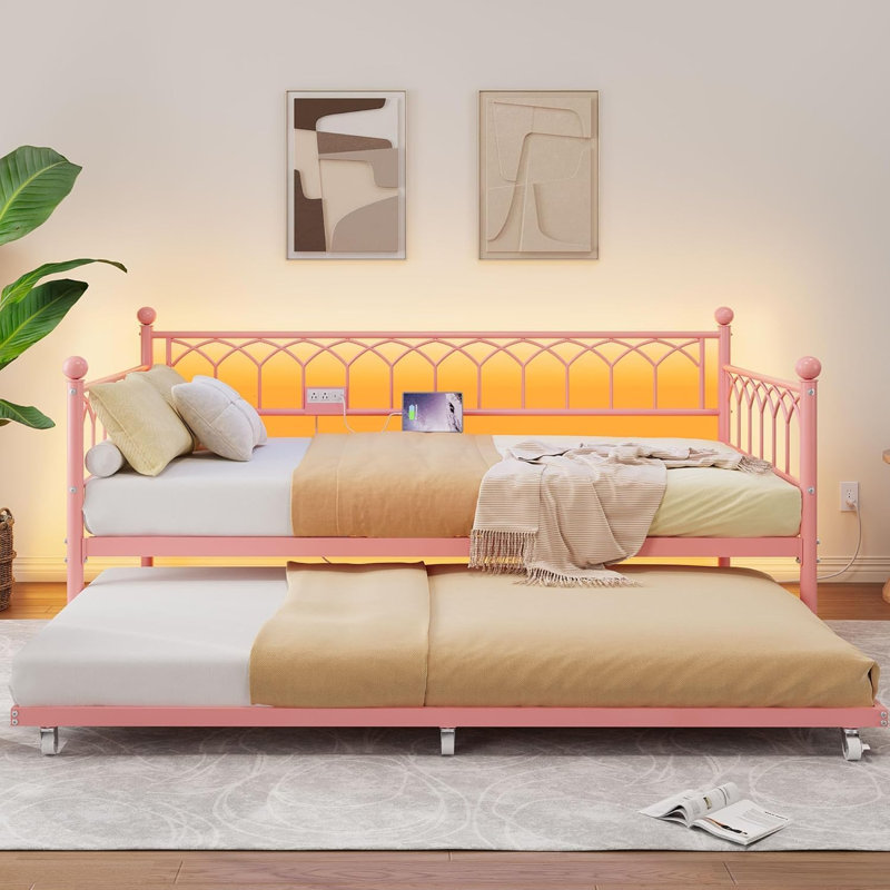Twin Size Daybed with Trundle, Sofa Bed Frame with Charging Station and LED Lights, Heavy Duty Metal Bed Frame, Pink