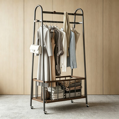 Metal Walnut Rolling Coat Rack