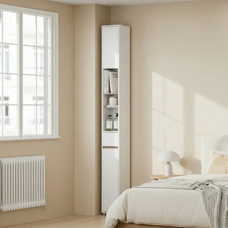 Bathroom Narrow Tall Storage Cabinet with 2 Doors, 1 Drawer, White & Natural, White/Natural