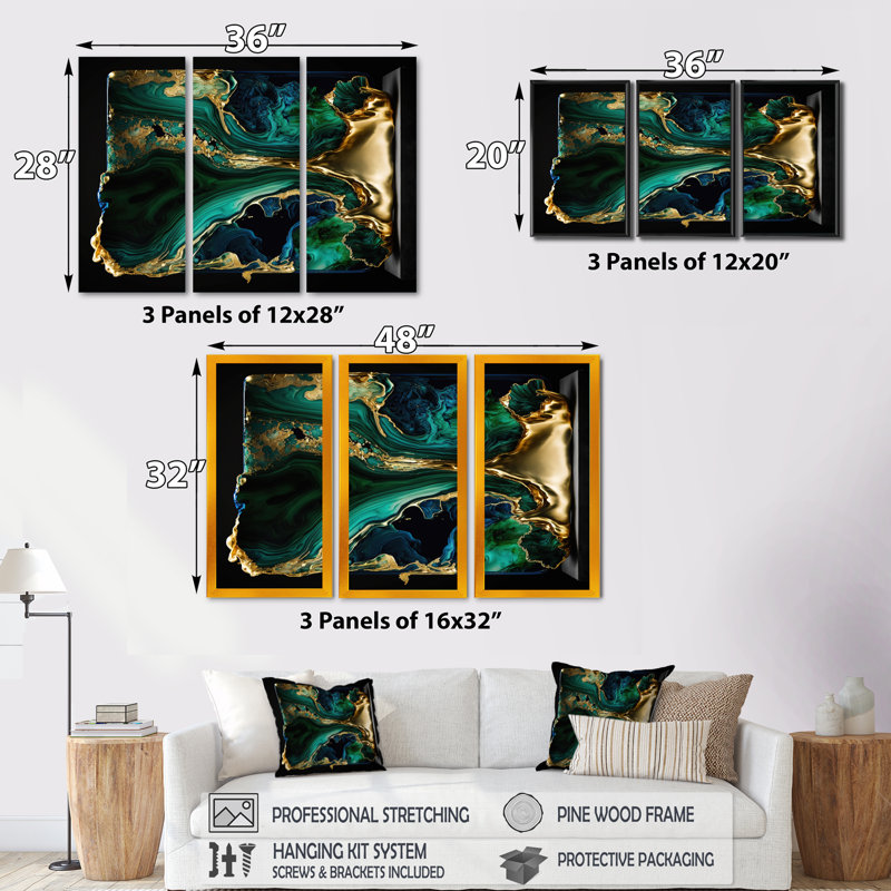 Abstract Geode Marble Green and Blue I - 3 pièces sur toile tendue, H 28 po x l 36 po x P 1 po