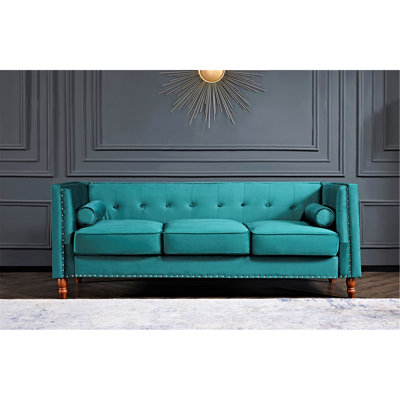 Canapé Chesterfield à boutons capitonné 3 places, canapé en velours à accoudoirs carrés avec garniture cloutée, canapé rembourré avec cadre en bois massif