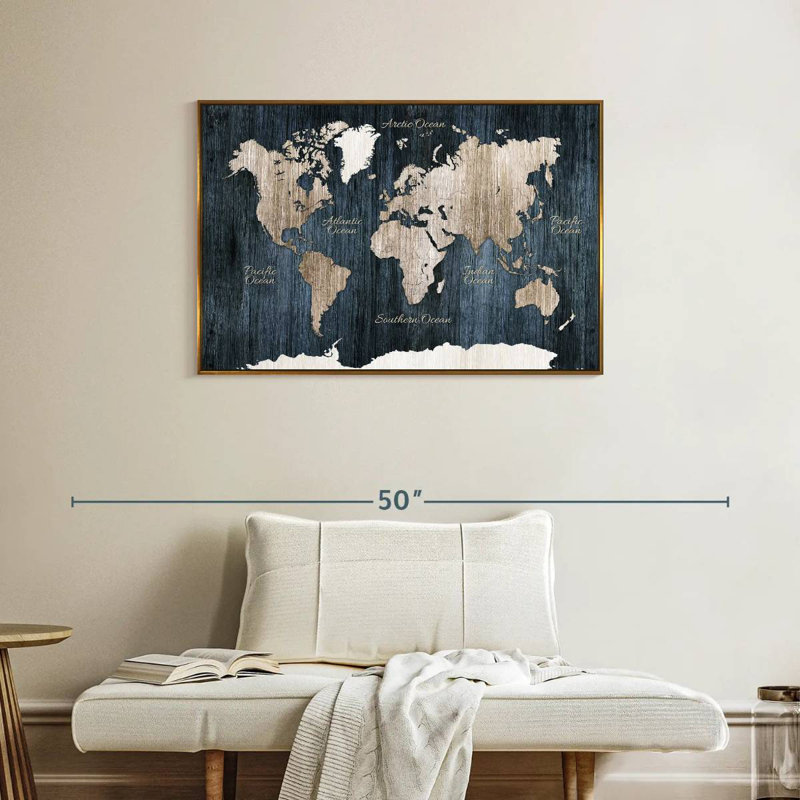 Carte du monde en bois vieilli, Cadre flottant doré, 37 po x 25 po