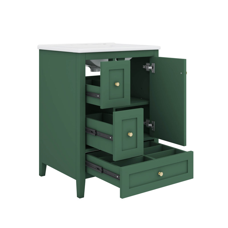 Armoire de salle de bain 24 pouces avec 3 séparateurs amovibles à 3 tiroirs et tablette personnalisable, Vert foncé