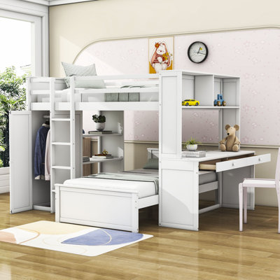 Sherise Kids Full Over Twin 2 Drawers Wooden Bunk Bed with Shelves, Desk and Wardrobe by Harriet Bee