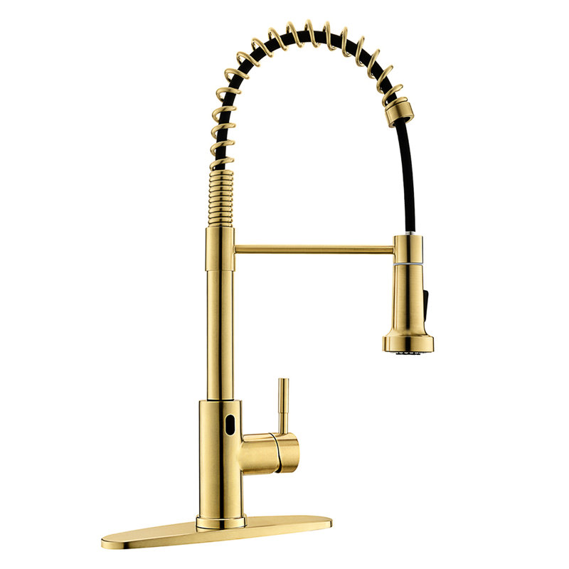Hands Automatic Smart Faucet - Touchless With Modern Pull Down In Brushed Gold For Convenient Kitchen Use Stainless Steel 2-Inch Sensing Distance &