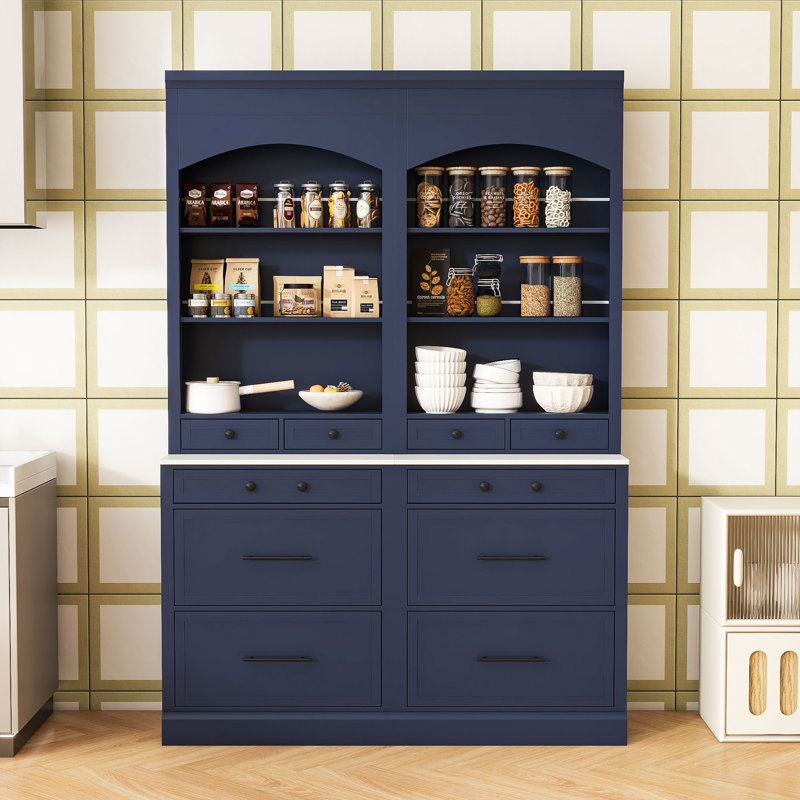 Ensemble de 2 grands garde-manger autoportants avec plateau en faux marbre, tiroirs et tablette réglable, Bleu / Noir