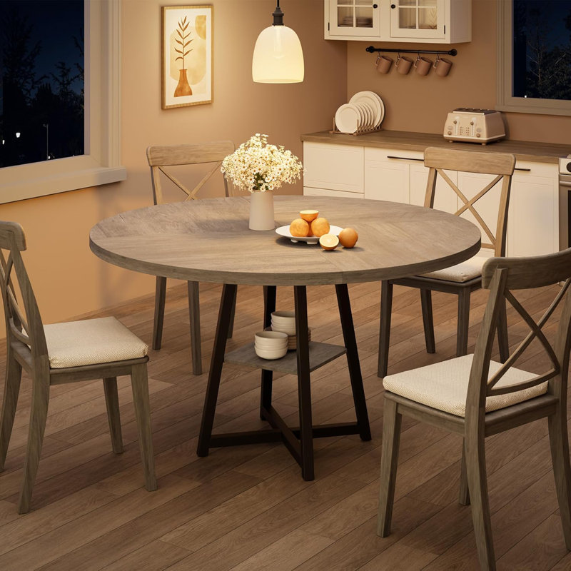 Industrial Round Dining Table, 47 Inch Round Kitchen Table for 4, Dinner Table with Wooden Top and Metal Base for Dining Room, Living Room