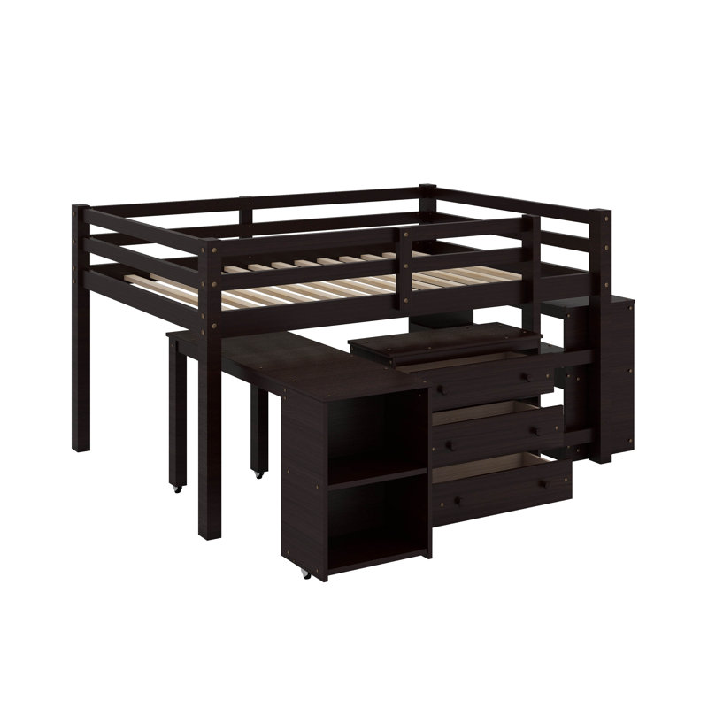 Lit mezzanine bas bas avec tablettes, armoire et bureau, Espresso