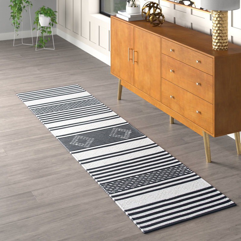 Trung Hand Woven Cotton/Wool Striped Rug in Cream/Black, Runner 2'3" x 9'