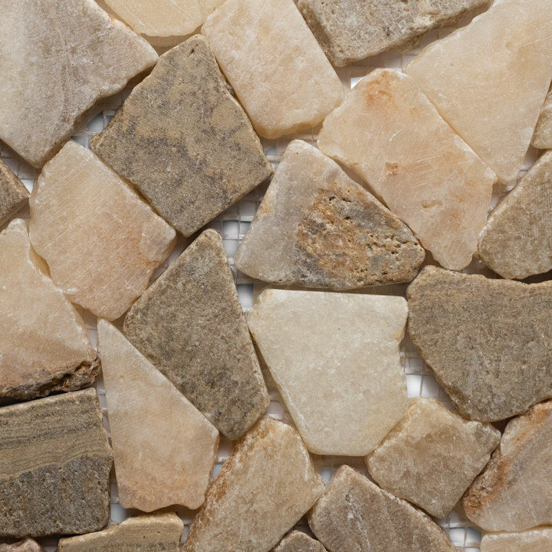 CNK Tile - Carreaux de galets en quartz émaillé brun clair et blanc 12 po x 12 po - Dossier en filet pour dosseret de salle de bain