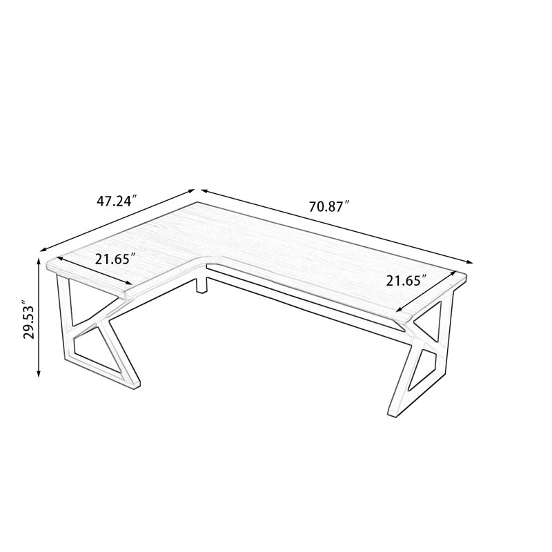 Noyer clair + bureau en bois massif en forme de L noir + fer, Retour à gauche, H 29,53 po x l 70,87 po x P 47,24 po
