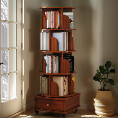 Rotating Bookshelf With Drawer, 360 Display 5 Tier Corner Bookshelf For Small Space, Floor Standing Bookcase Storage Rack, Wood Narrow Organizer