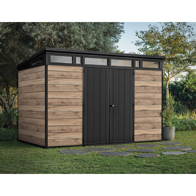 Keter Signature Collection 11x7 ft. Durable Resin Outdoor Storage Shed With Floor and Double Doors for Garden Patio Furniture and Tools, Pine