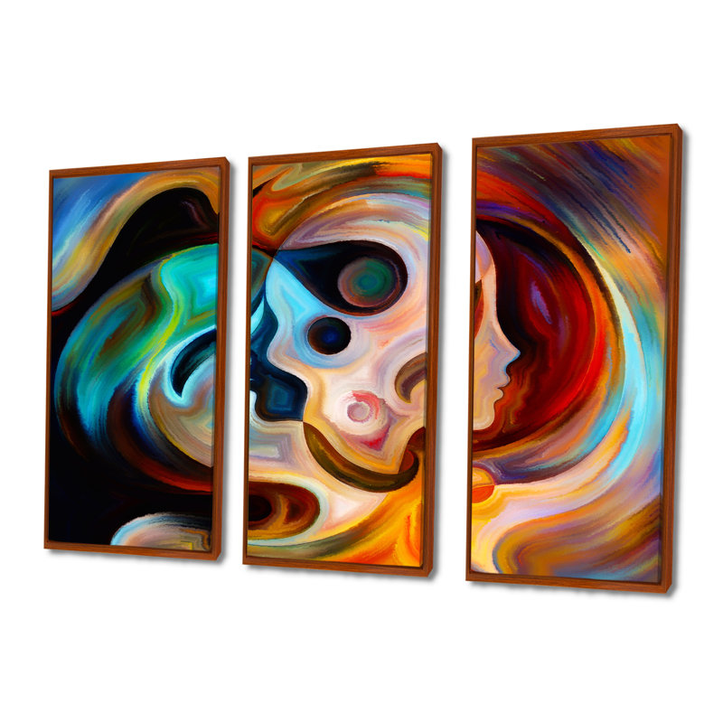 Bleu orange et rouge, art liquide - ensemble d'art moderne sur toile encadrée moderne de 3, H 28 po x l 36 po, Brun