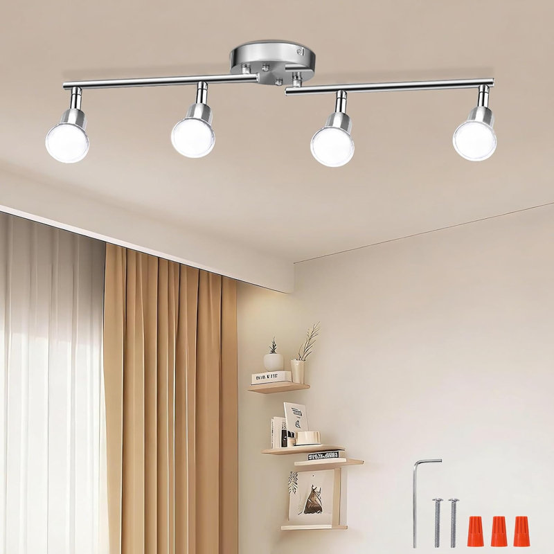 Ensemble d'éclairage sur rail à 4 lampes réglables et dimmables, bras flexibles et pliables, fini nickel satiné, pour cuisine, couloir ou chambre. Ampoules à culot GU10 non incluses.