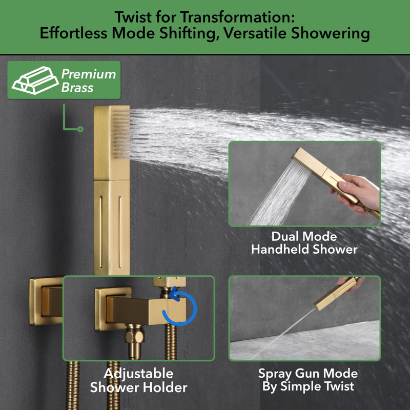 Brushed Gold Thermostatic LED Ceiling Mounted Shower System