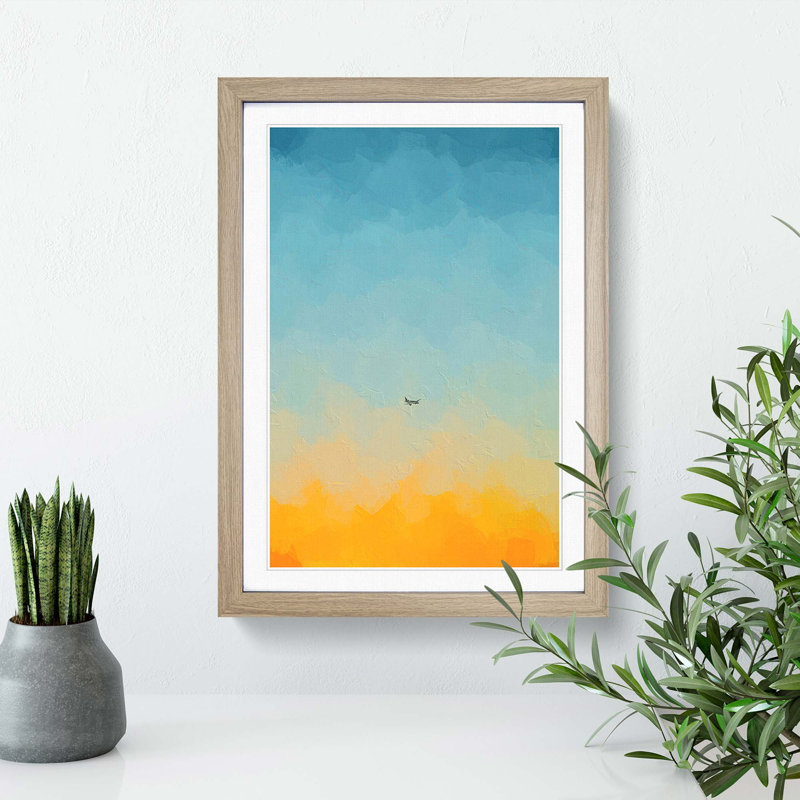 Airplane At Sunset In Abstract - Single Picture Frame Painting, 33cm H x 24cm W x 2cm D, Oak Framed