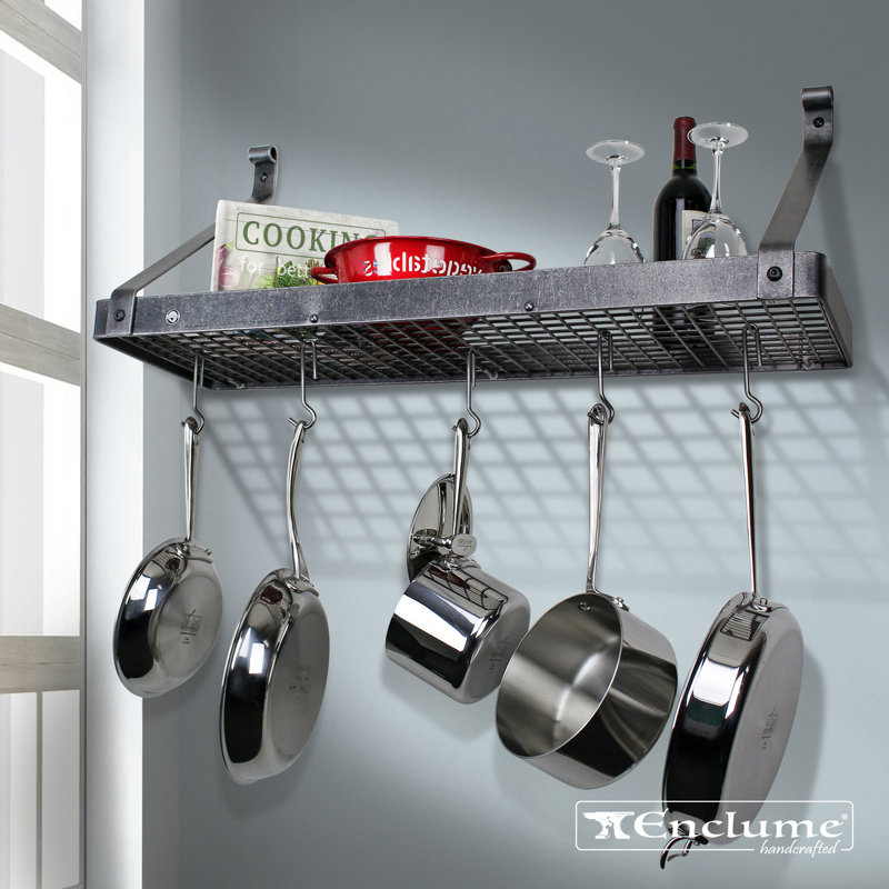Gourmet USA Handcrafted Wall Mounted Pot Rack, 17" H x 36" W x 13" D, Hammered Steel